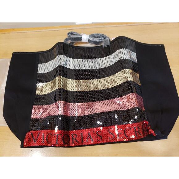 VICTORIA'S SECRET BLACK SEQUIN STRIPE WEEKENDER BAG GETAWAY CARRY ON LARGE TOTE - Picture 1 of 8